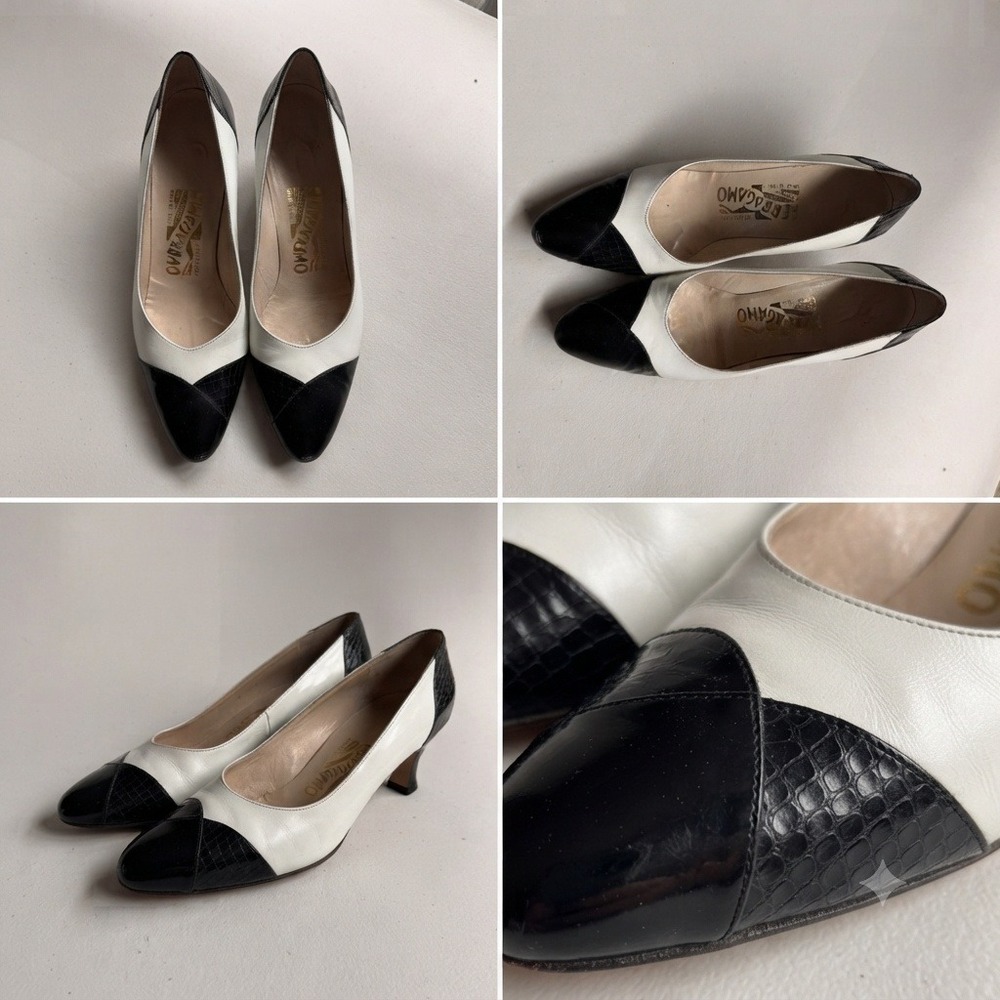 Salvatore Ferragamo Pumps Women 6 AA White Black Colorblock Vintage Kitten Heels